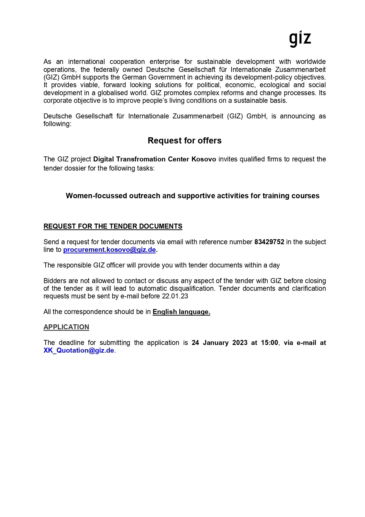 Request for offers – 83429752 – Women-focussed outreach and supportive activities for training courses